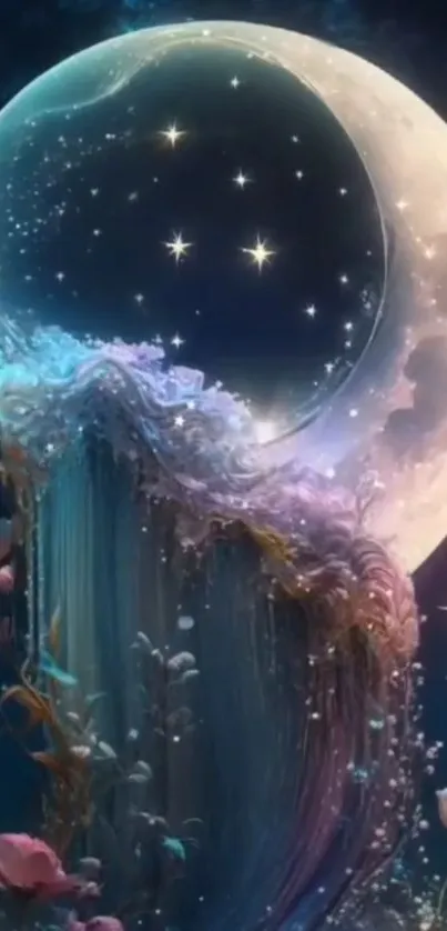 Night sky with moon and mystical waterfall.