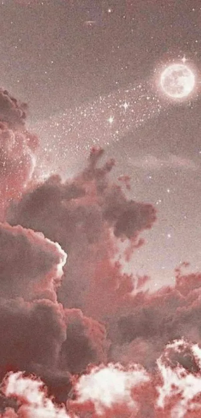 Mobile wallpaper with pinkish brown clouds and a glowing moon in a starry night sky.