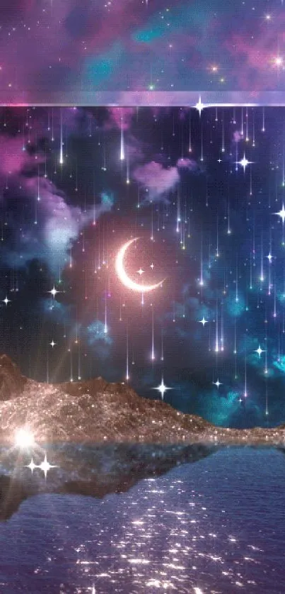 Dreamy celestial wallpaper with moon, stars, and cosmic reflections in vibrant colors.