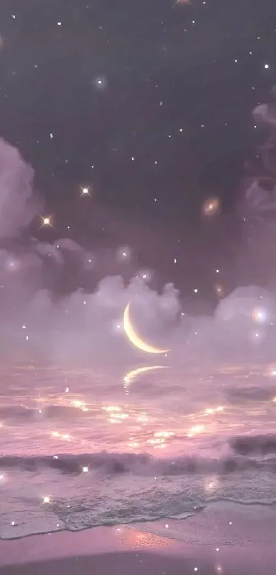 Celestial nightscape with crescent moon, dreamy clouds, and stars.