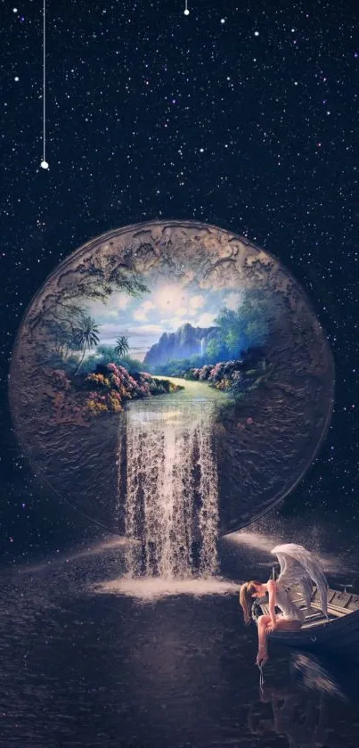 Dreamy celestial scene with waterfall and night sky.