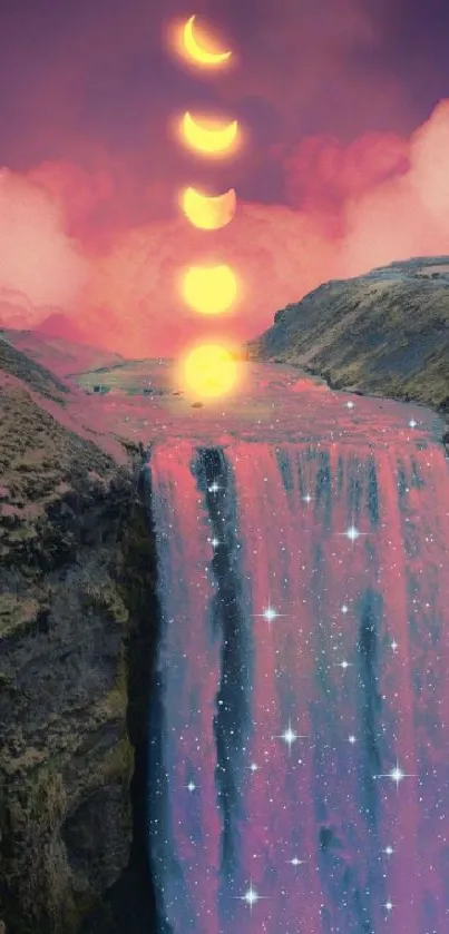 Surreal waterfall with celestial moons and vibrant colors in a dreamlike landscape.