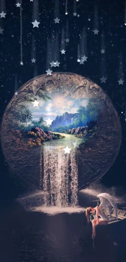 Celestial scene with waterfall, stars, and boat in a dreamy landscape.