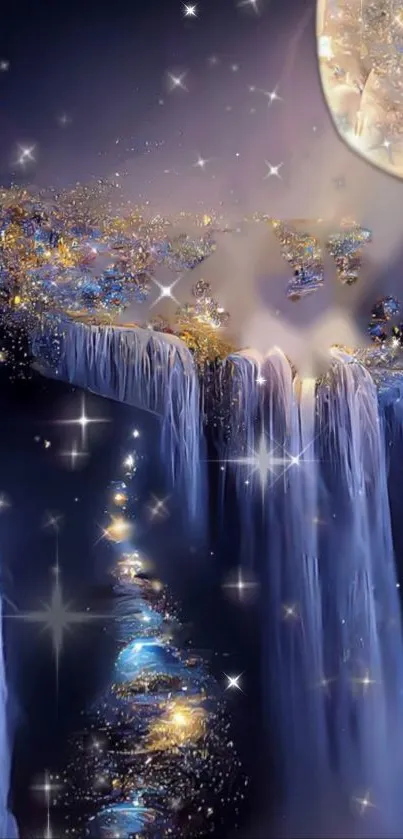 Dreamy celestial waterfalls with sparkling stars on a midnight blue background.