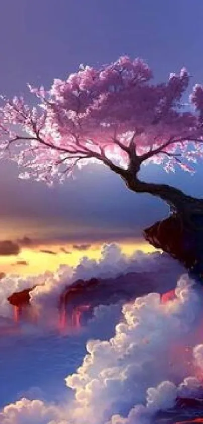 Cherry blossom tree against a vibrant pink sunset.