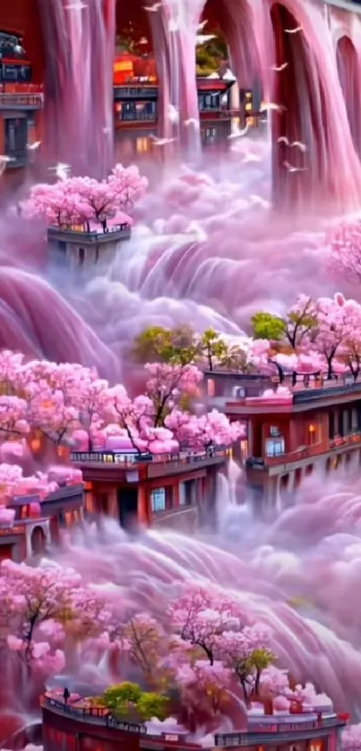 Ethereal cityscape with cherry blossoms and waterfalls in digital art.