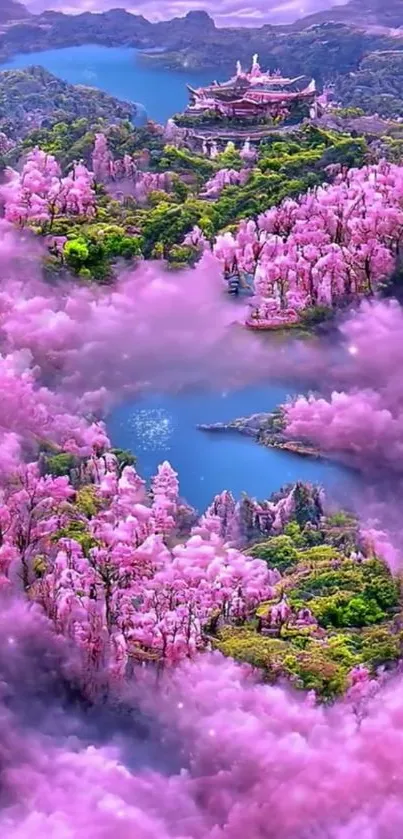 Fantasy landscape with cherry blossoms, pink mist, and serene lake.