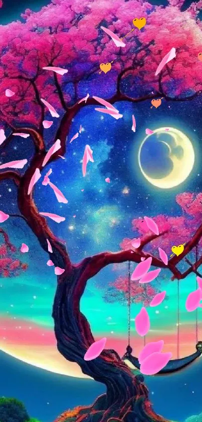 Pink cherry blossom tree with moonlit sky.