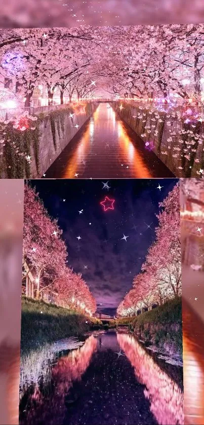 Dreamy cherry blossom pathway reflecting at night.