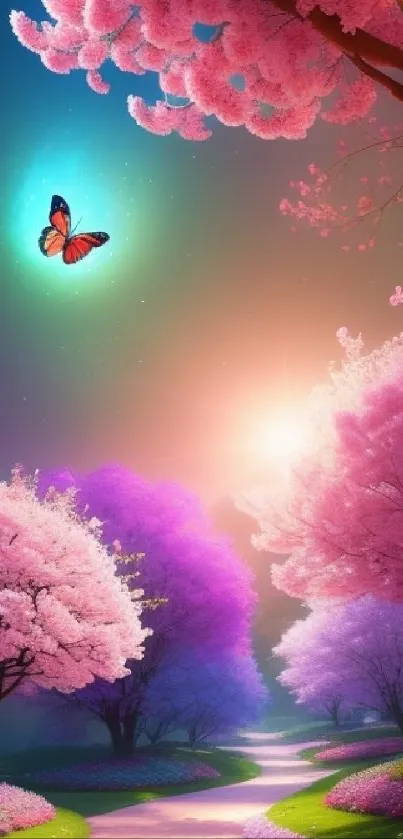 A butterfly flies over a cherry blossom path in magical twilight.