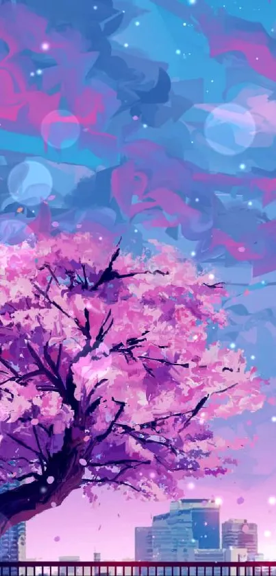 Cherry blossom tree under a vibrant pink and blue sky with cityscape backdrop.