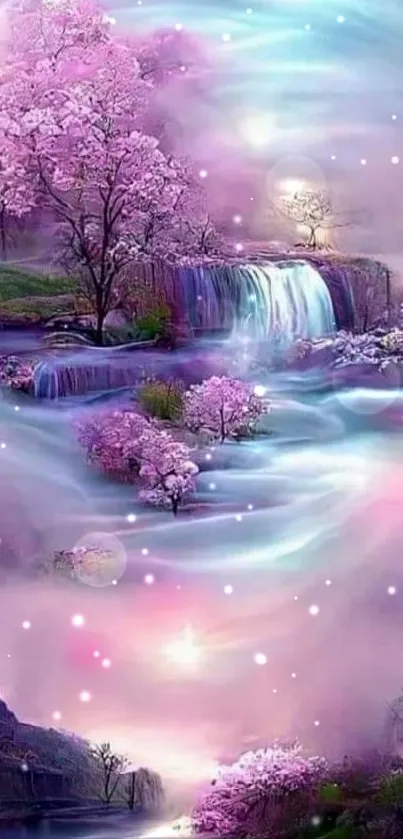 Dreamy cherry blossom landscape with waterfalls.