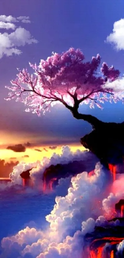 Cherry blossom tree on a scenic sunset mountainside.