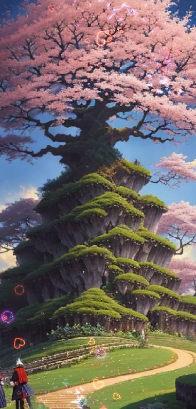 A stunning illustration of a giant cherry blossom tree with winding paths and vibrant colors.