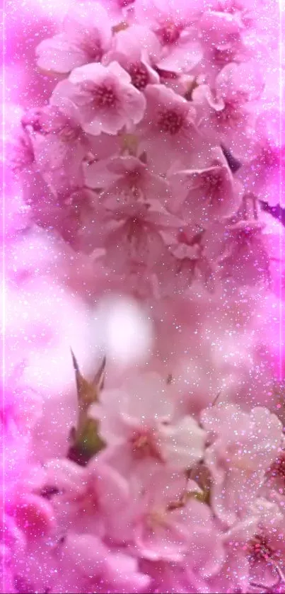 Mobile wallpaper featuring pink cherry blossoms and sparkling bokeh effect.