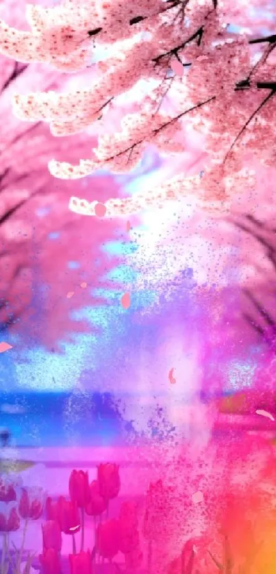 Pink cherry blossoms with colorful artistic overlay and tulip pathway.