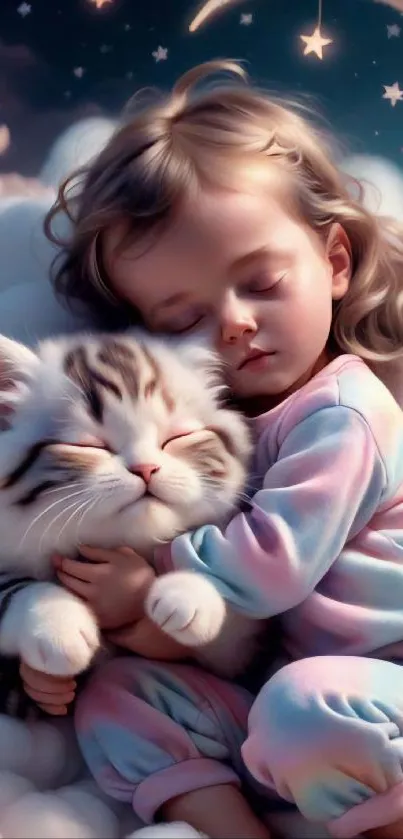 Child cuddling a fluffy cat on soft pastel clouds under a dreamy night sky.