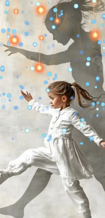 Child plays with vibrant shadow and colorful orbs.