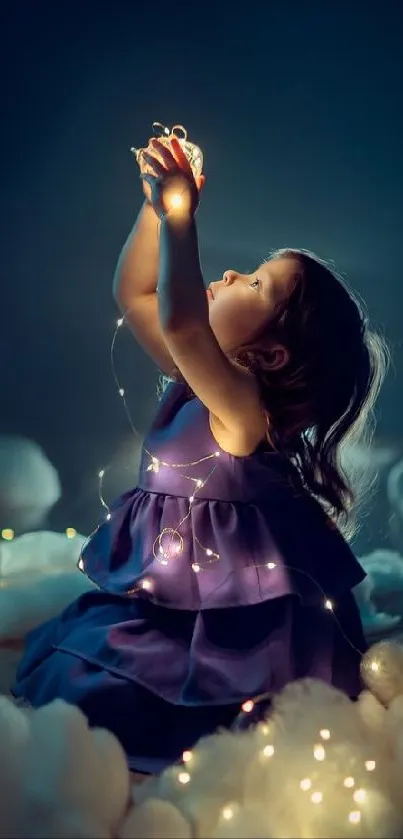 Child in a blue dream with glowing lights and clouds.