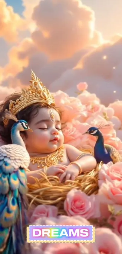 A dreamy child with peacocks amidst roses.