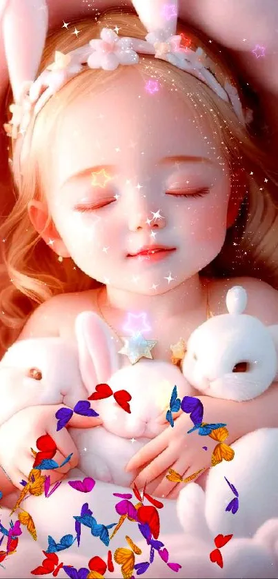 Serene child with bunnies in pink tones.