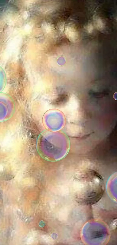 Dreamy child with golden bubbles in soft light.