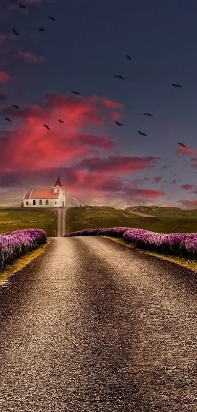 Dreamy church path with pink skies and vibrant fields wallpaper.