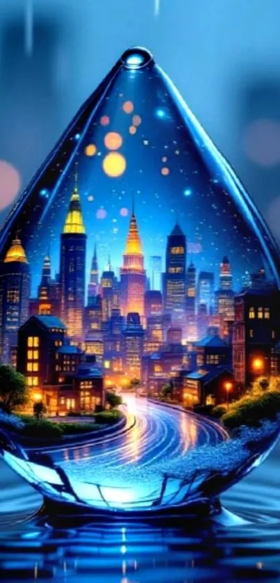 A vibrant cityscape captured within a raindrop at night.