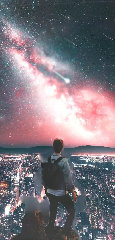 Man standing over city with galaxy view