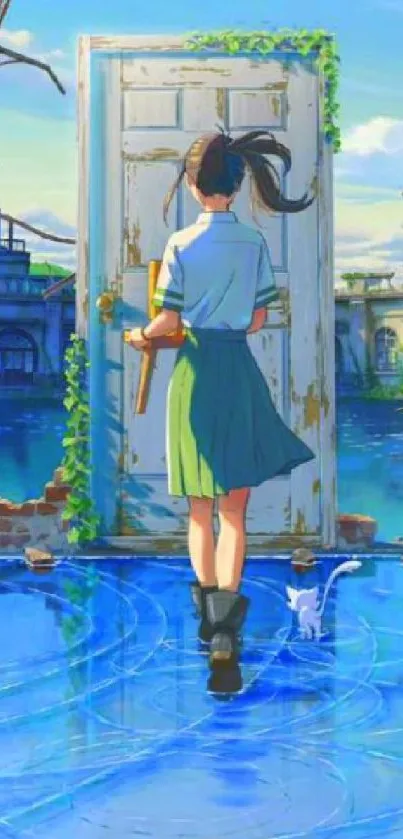 Girl and cat approaching a mystical door over blue water in an animated cityscape.