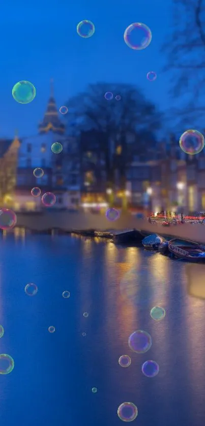 Dreamy evening cityscape with bubbles over a canal.