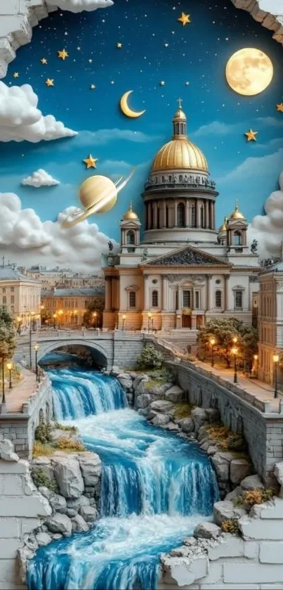 Whimsical cityscape with night sky, moon, and waterfalls in fantasy style.