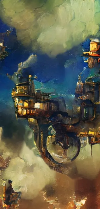 Surreal fantasy cityscape in clouds with vivid colors and imaginative design.