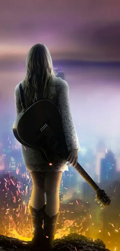 Woman with guitar overlooking vibrant cityscape.