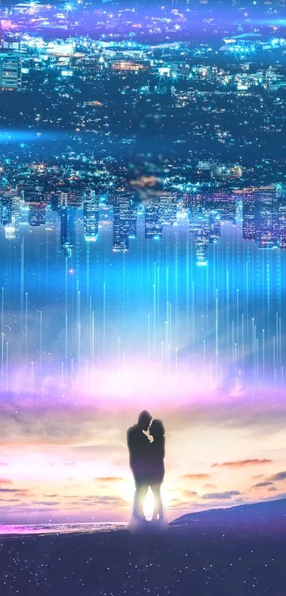 Silhouetted couple in dreamy purple cityscape wallpaper