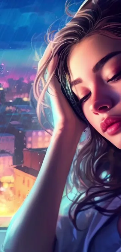 Dreamy woman listening to music overlooking a vibrant cityscape at night.