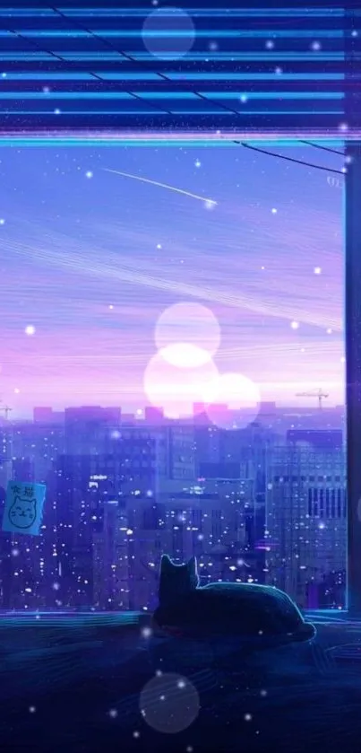 Dreamy cityscape wallpaper with a silhouetted cat and purple sky.