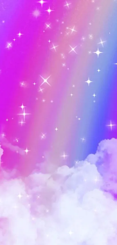 Dreamy purple wallpaper with clouds, stars, and rainbow.