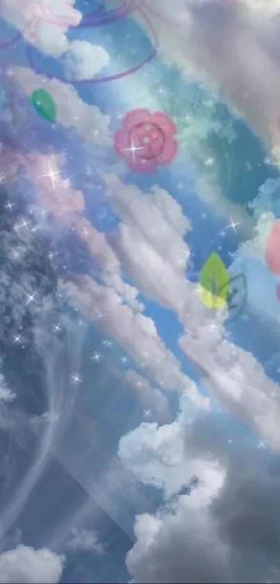 Dreamy clouds and flowers sky wallpaper with shimmering stars.