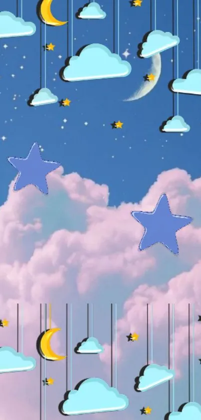 Dreamy wallpaper with clouds, stars, and moons on a pastel sky.