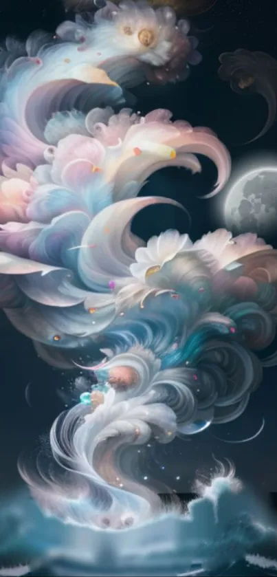 Dreamy swirling clouds over a mystical night sky with moon.