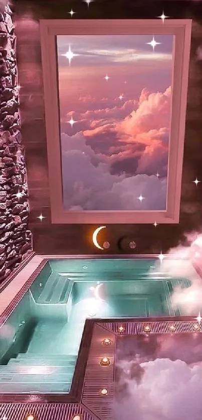 Dreamy bathroom with clouds and sky view, serene fantasy theme.