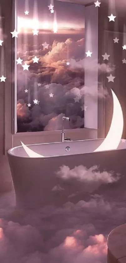 Dreamy bathroom with pink clouds and a moonlit bathtub.