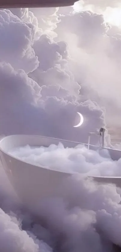 Mobile wallpaper of a bathtub surrounded by clouds and a crescent moon.