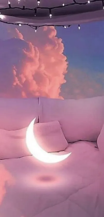 Dreamy pink clouds and glowing moon with fairy lights in a serene setting.