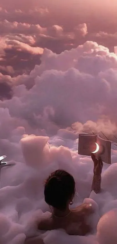 Woman reads a book amidst fluffy pink clouds at sunset.