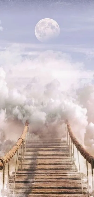 Dreamy bridge leading through clouds with moon in the background.