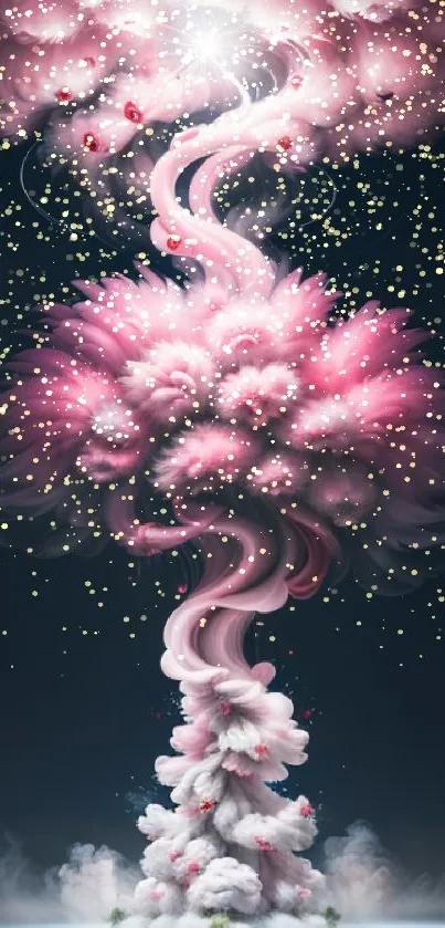 Artistic explosion of pink clouds on dark mobile wallpaper.