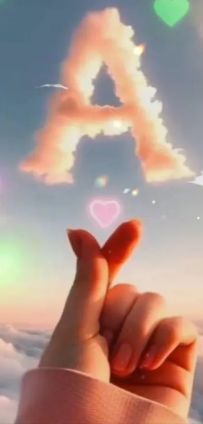 Cloud letter A with hand gesture and pastel sky.