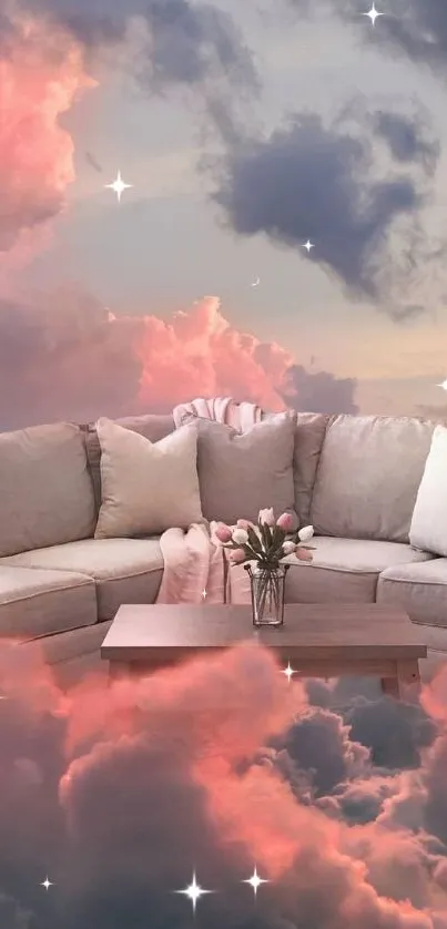 Cozy beige sofa with pillows in dreamy pink clouds.